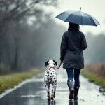 Hund und Besitzer spazieren im Regen