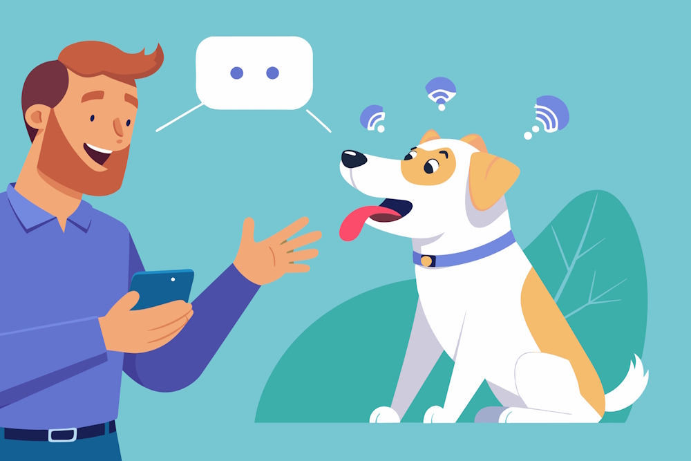 Eine Illustration zeigt einen Mann der mit einem Smartphone in der Hand lächelnd mit einem Hund kommuniziert Über dem Hund sind Symbole die seine Körpersprache und emotionale Reaktion andeuten