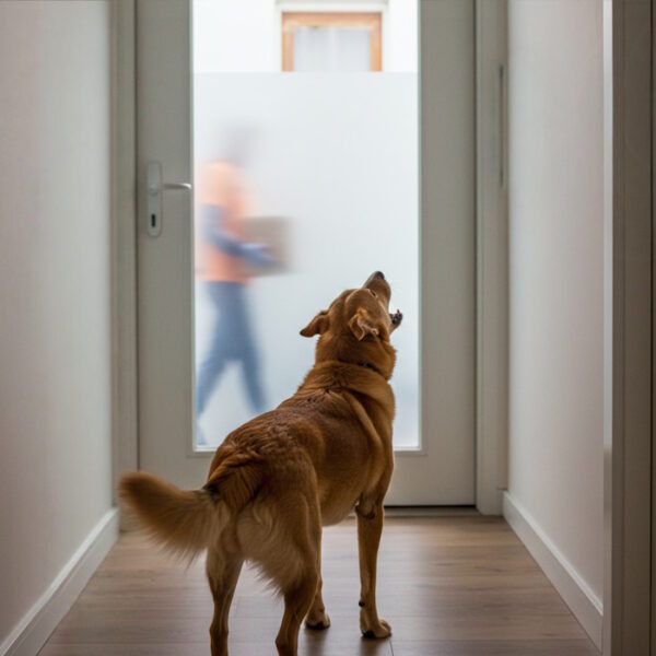 Ein Hund steht vor einer verschlossenen Tür, an der ein Paketbote vorbei geht, ein Zeichen für reaktives Bellen